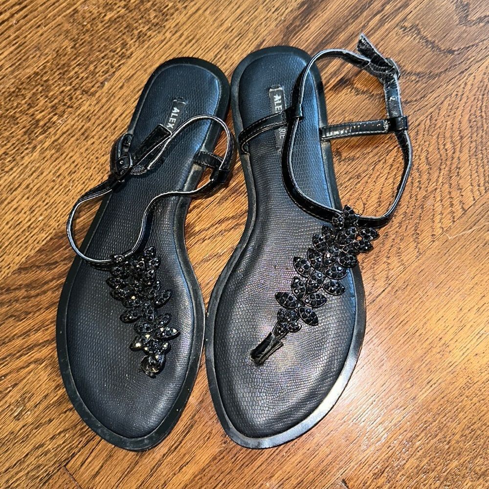 Alex Marie black thong flat sandals with black rhinestones on top strap